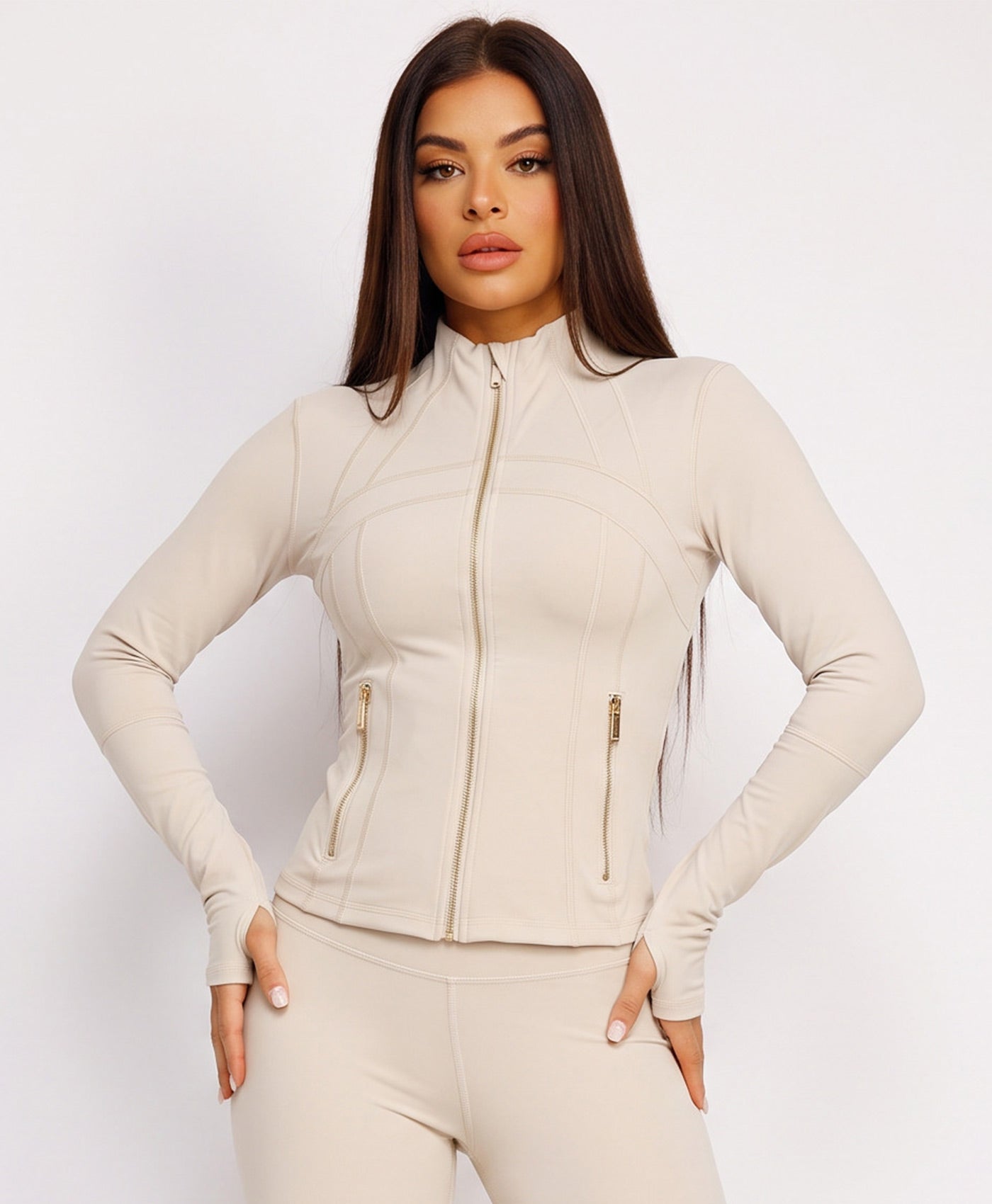 Beige Sport Gold Zipped Gym Jacket Leggings Co-Ord Set