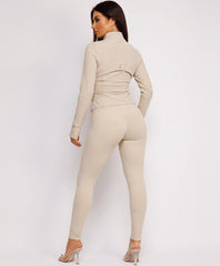 Beige Sport Gold Zipped Gym Jacket Leggings Co-Ord Set