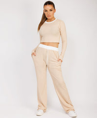 Ribbed-Two-Tone-Long-Sleeve-Flare-Trousers-Beige