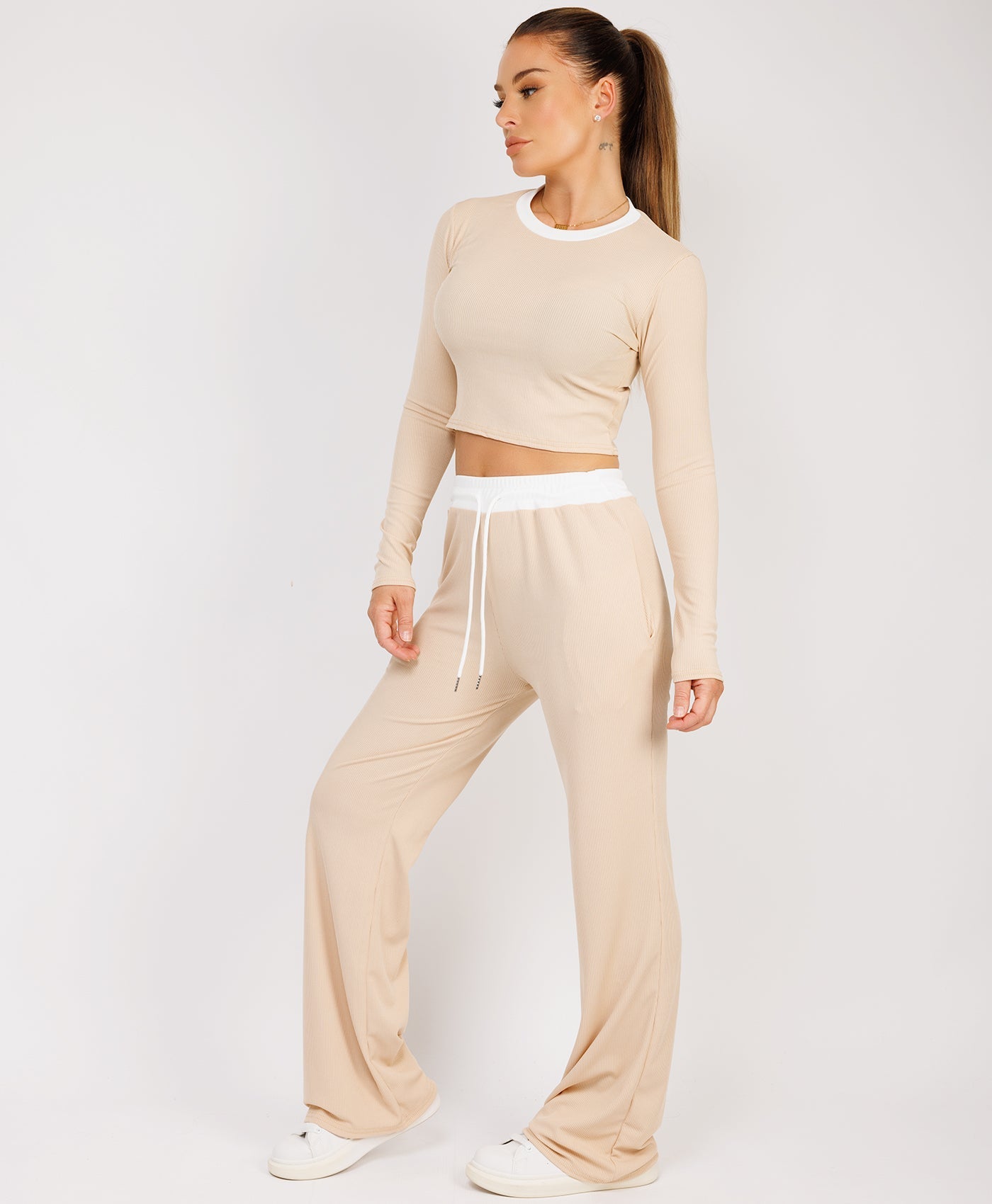 Ribbed-Two-Tone-Long-Sleeve-Flare-Trousers-Beige