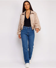 Beige Zip-Up Windbreaker With Elasticated Hem
