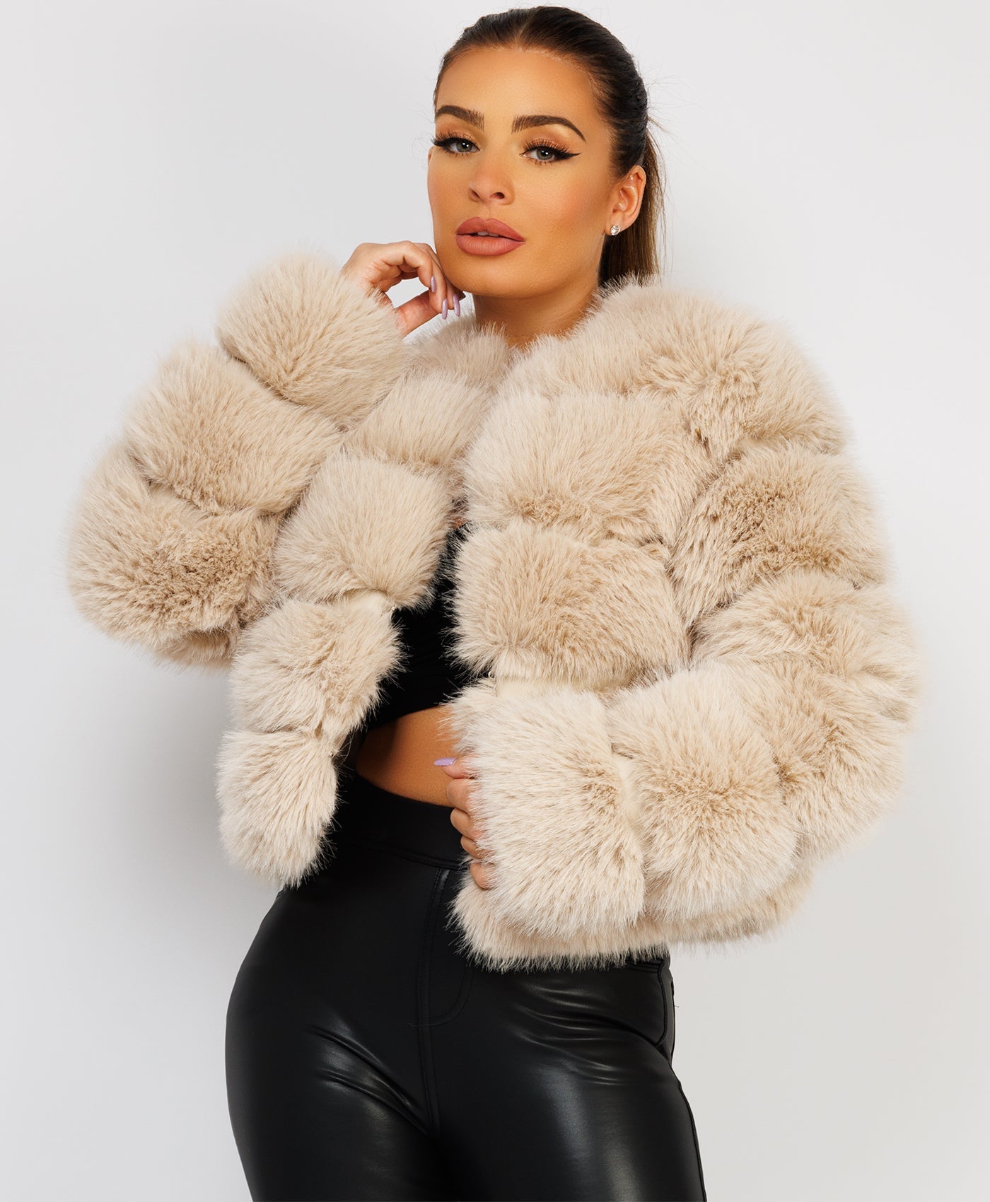 Beige Premium Faux Fur Tiered Coat Jacket – lexifashionuk
