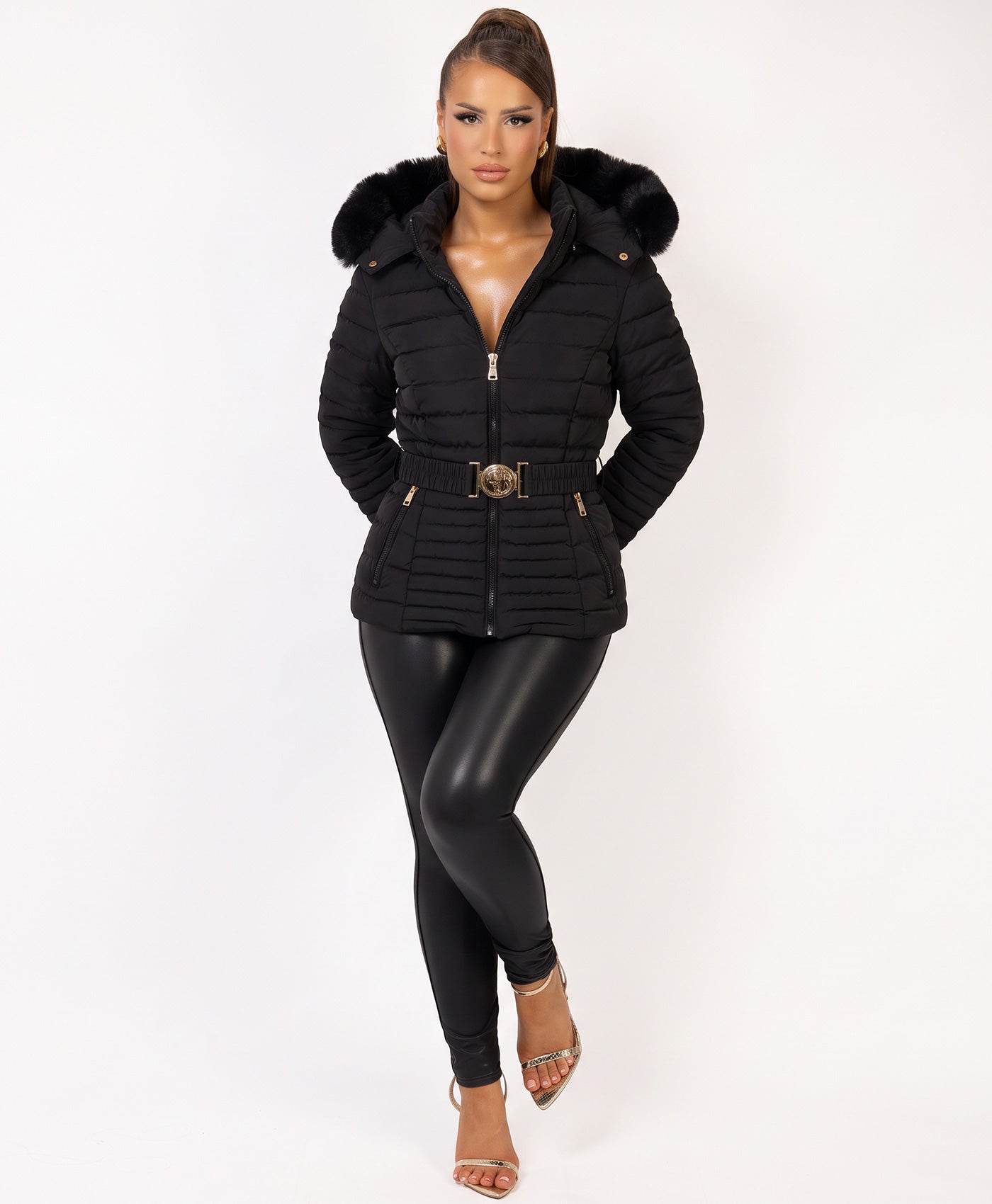 Black Belted Detail Panelled Puffer Jacket with Faux Fur Hood