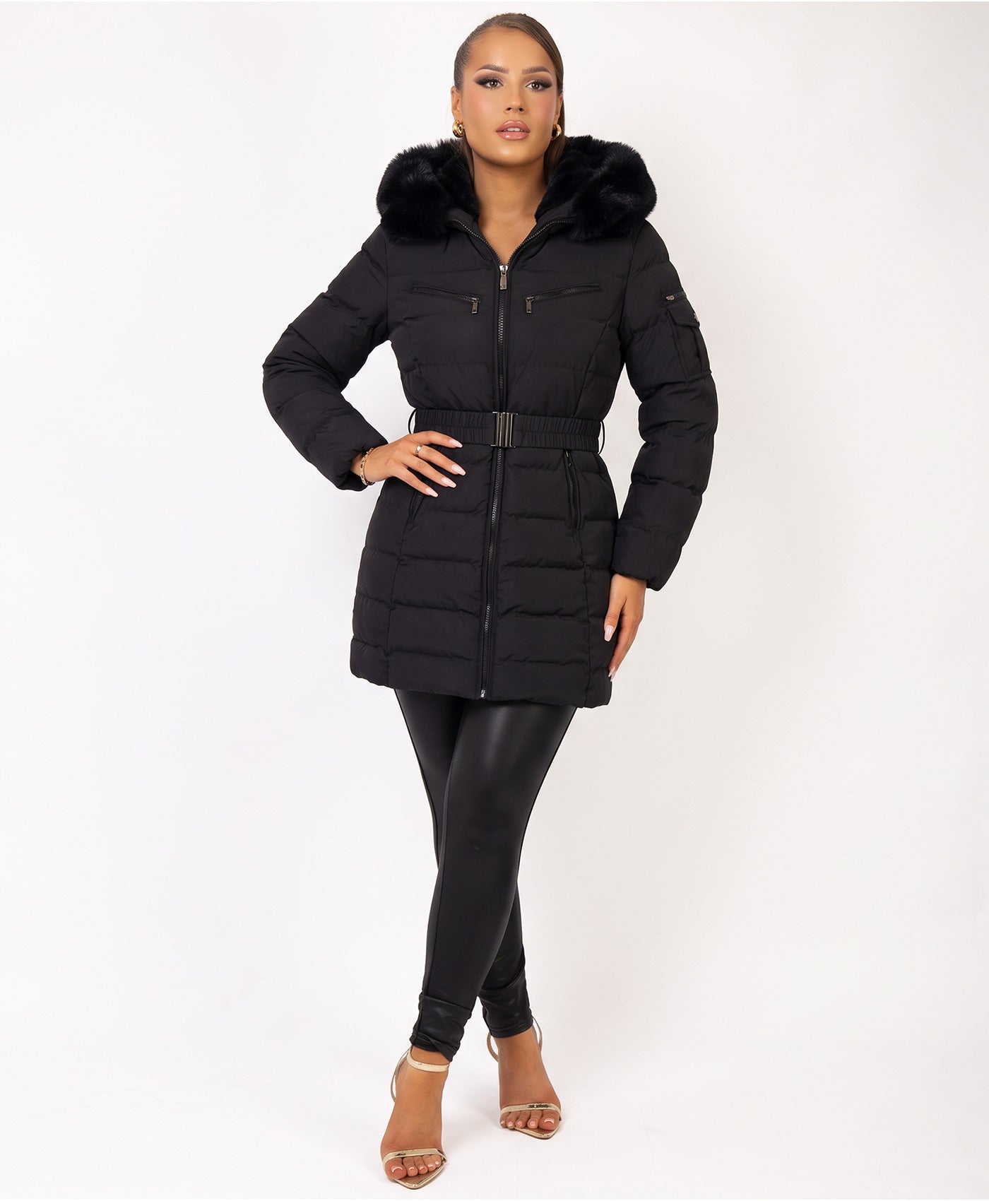 Black Belted Puffer Coat with Faux Fur Hood