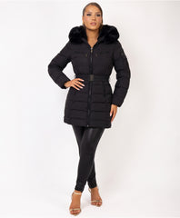 Black Belted Puffer Coat with Faux Fur Hood