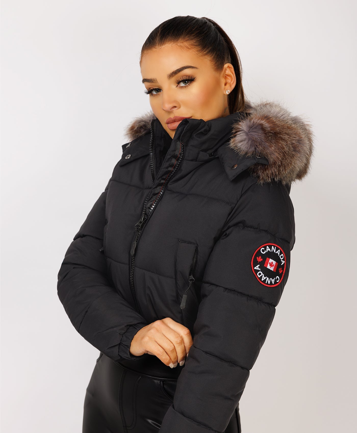 Faux Fur Hood Canada Goose Jacket Womens Bomber Black Canada