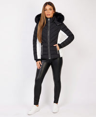 Black Chevron Quilted Faux Fur Hooded Puffer Jacket
