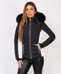 Black Chevron Quilted Faux Fur Hooded Puffer Jacket