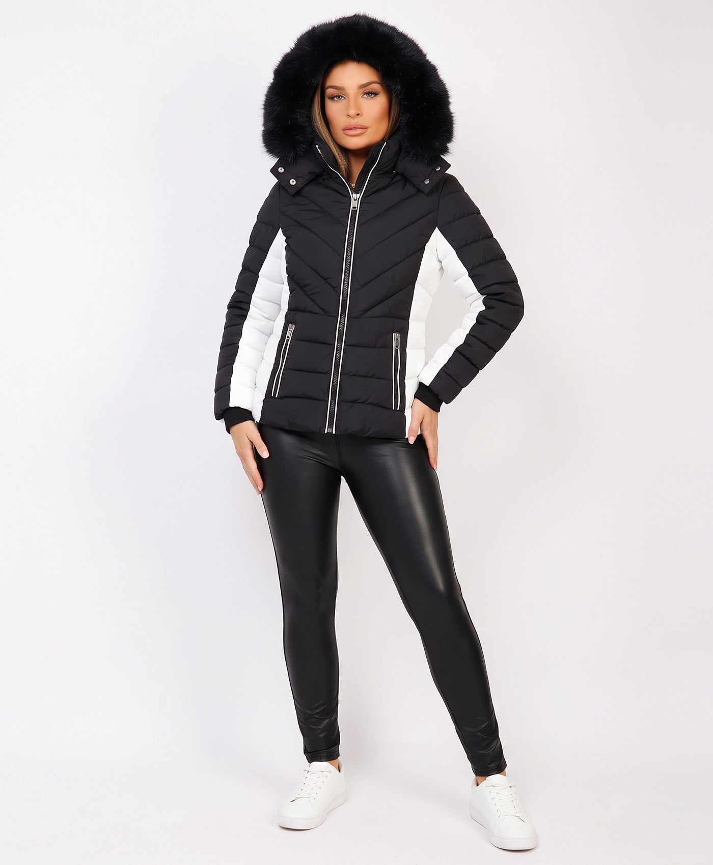 Black Chevron Quilted Faux Fur Hooded Puffer Jacket
