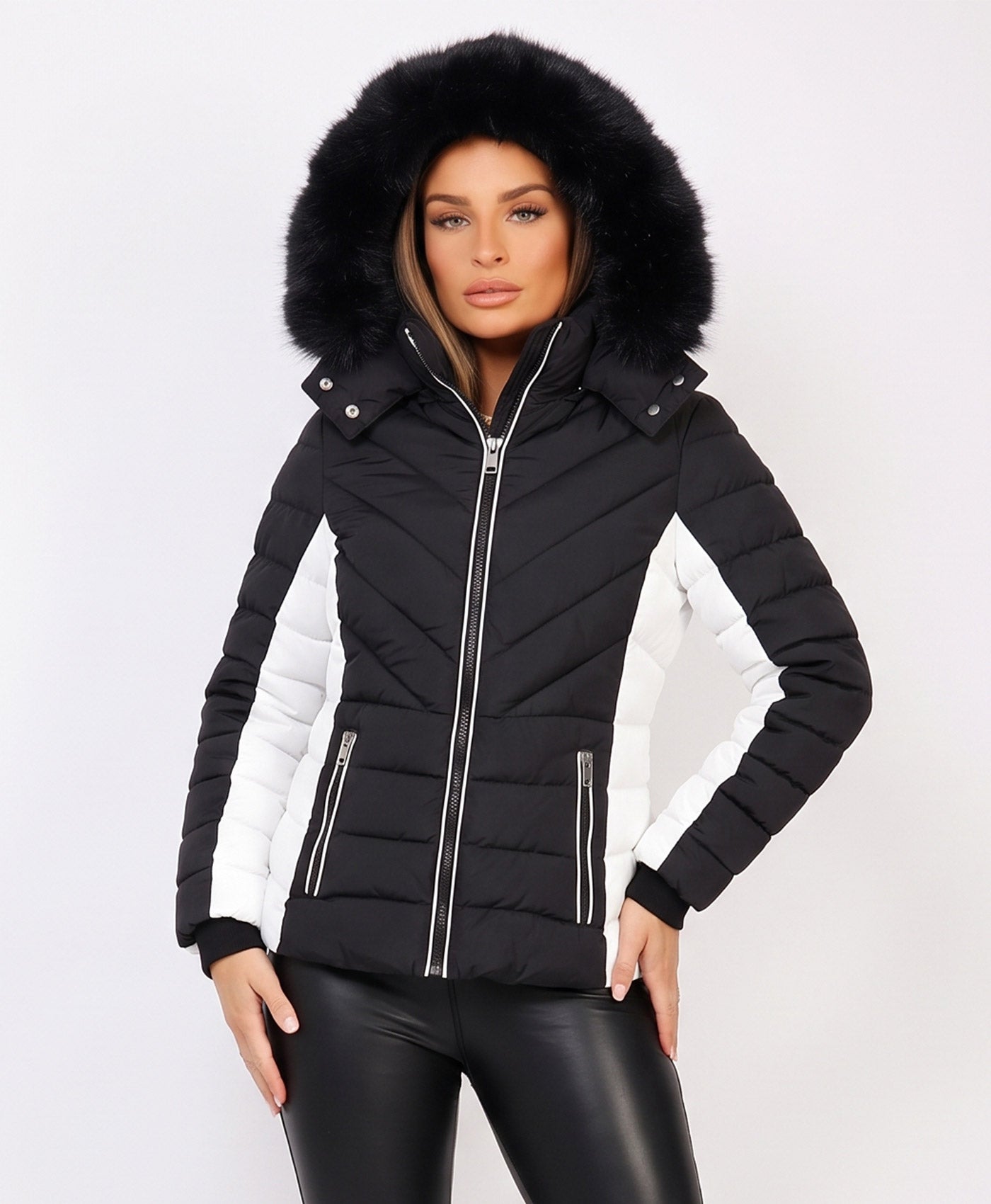 Black Chevron Quilted Faux Fur Hooded Puffer Jacket