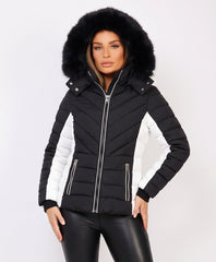 Black Chevron Quilted Faux Fur Hooded Puffer Jacket