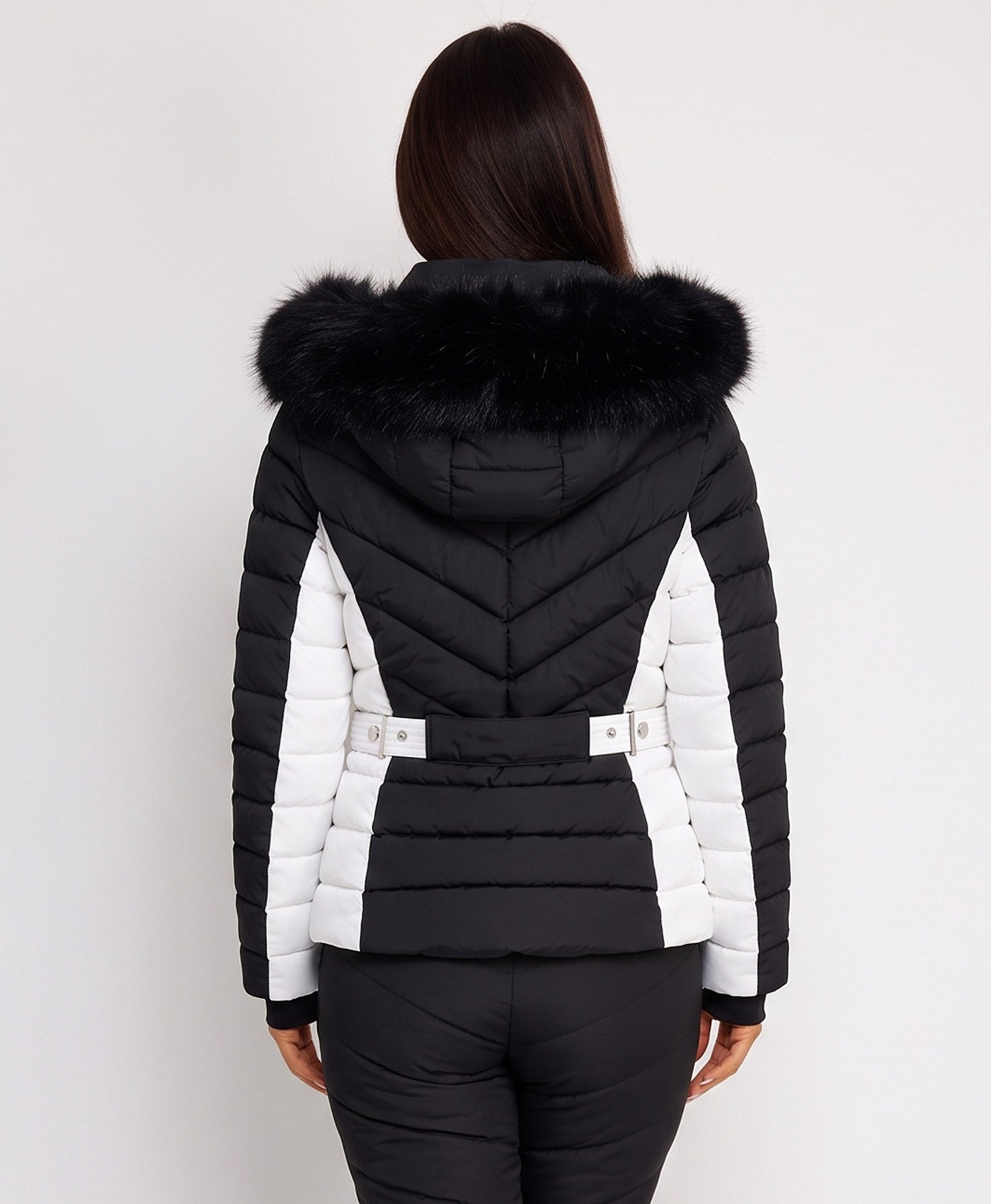 Black Chevron Quilted Faux Fur Hooded Puffer Jacket
