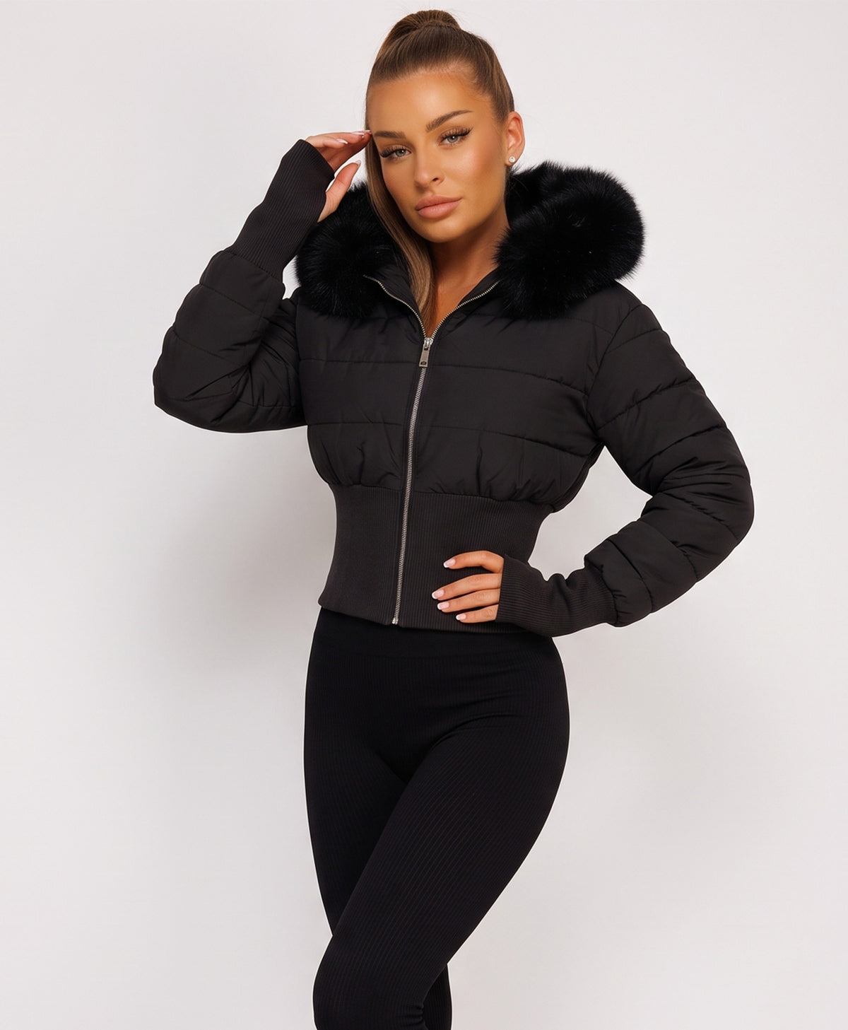 Black Cropped Puffer Jacket With Faux Fur Hood Trim