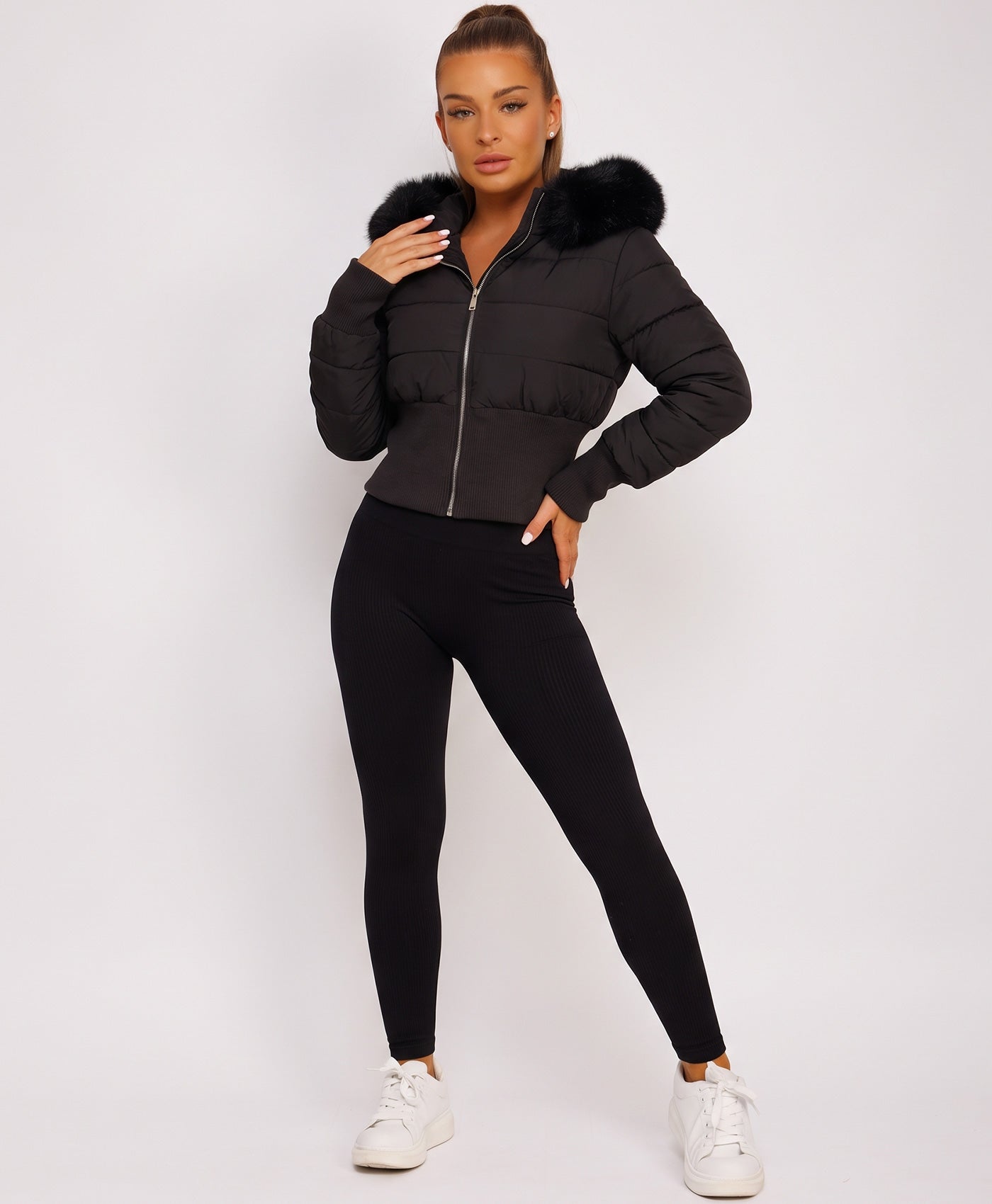 Black Cropped Puffer Jacket With Faux Fur Hood Trim