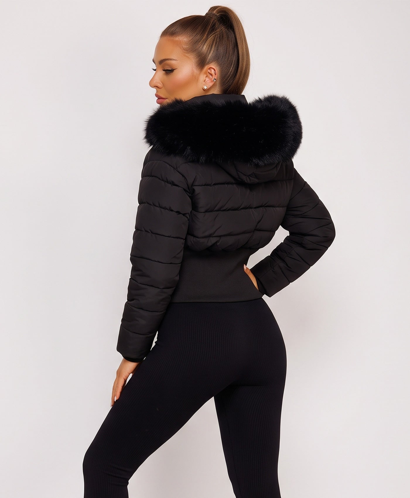 Black Cropped Puffer Jacket With Faux Fur Hood Trim