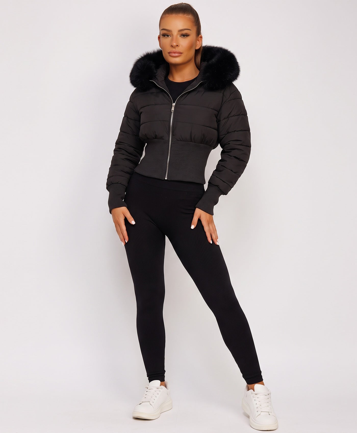 Black Cropped Puffer Jacket With Faux Fur Hood Trim