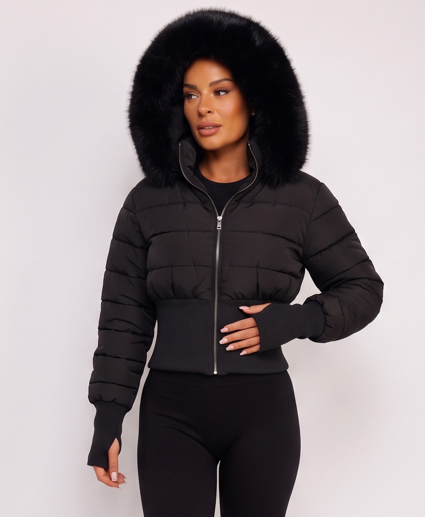 Black Cropped Puffer Jacket With Faux Fur Hood Trim