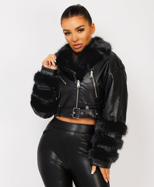 Black Canada Cropped Puffer Jacket With Fur Hood – lexifashionuk