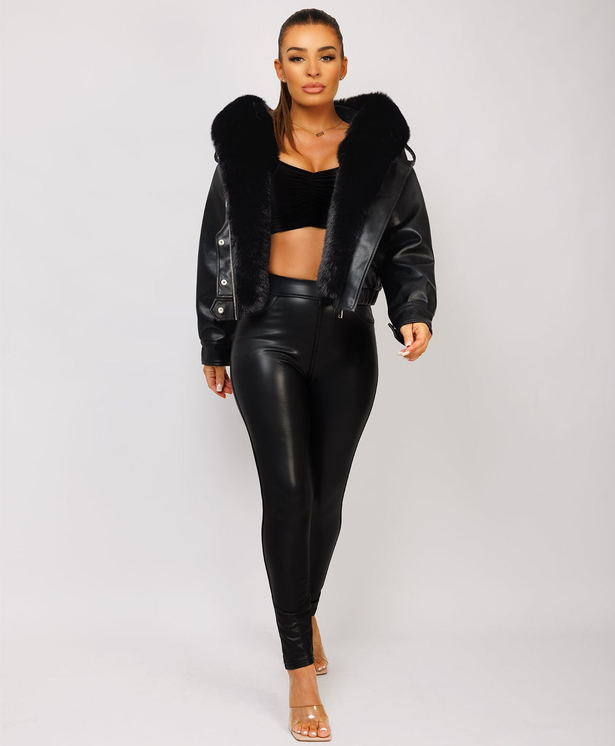 Black-Vegan-Leather-Faux-Fur-Trim-Hooded-Bomber-Jacket-3