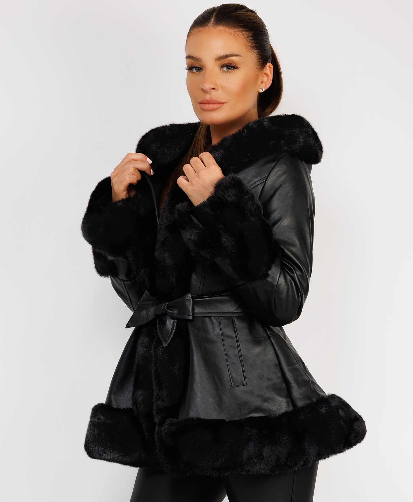 Black leather coat with fur hotsell