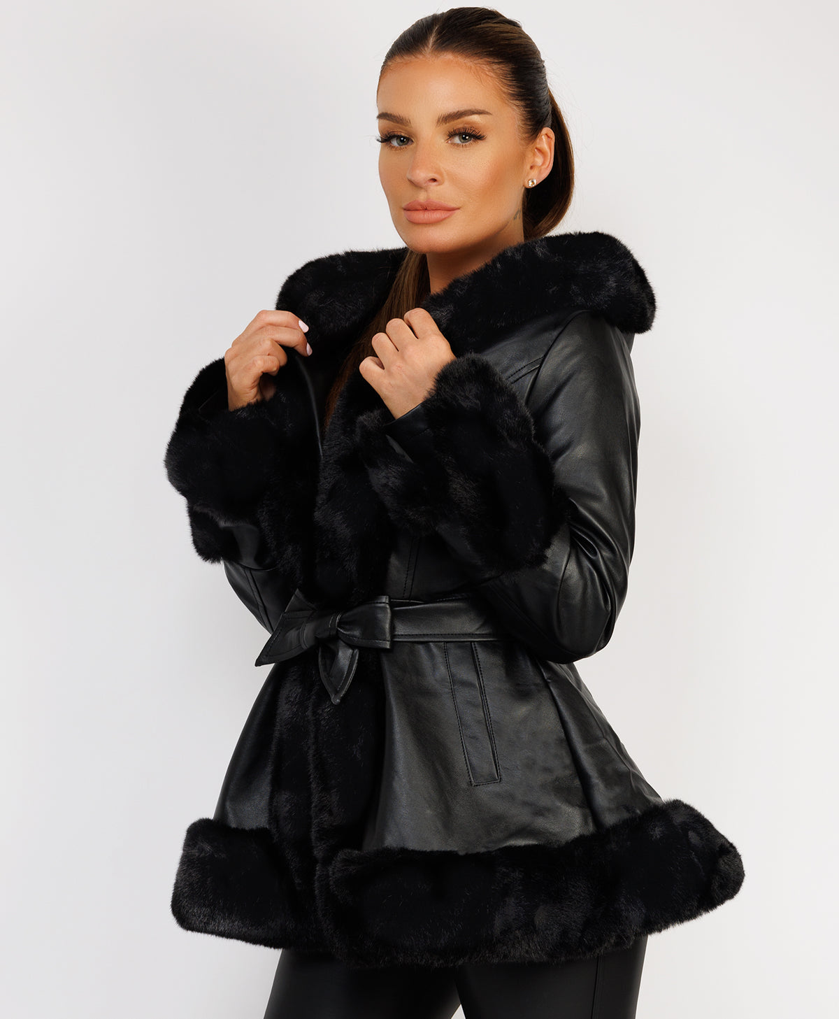 Black Faux Fur Vegan Leather Hooded Swing Coat Jacket