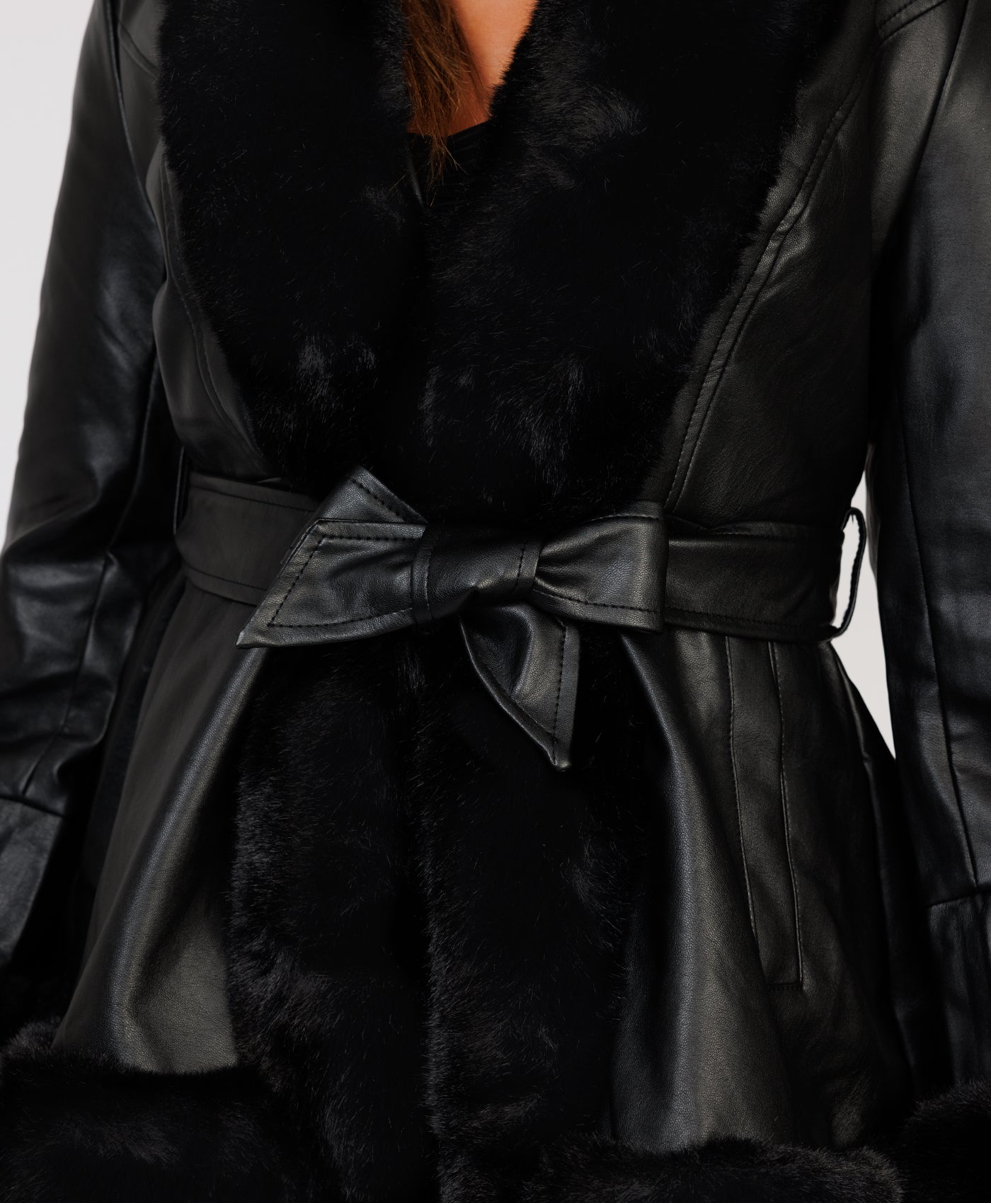 Black Faux Fur Vegan Leather Hooded Swing Coat Jacket