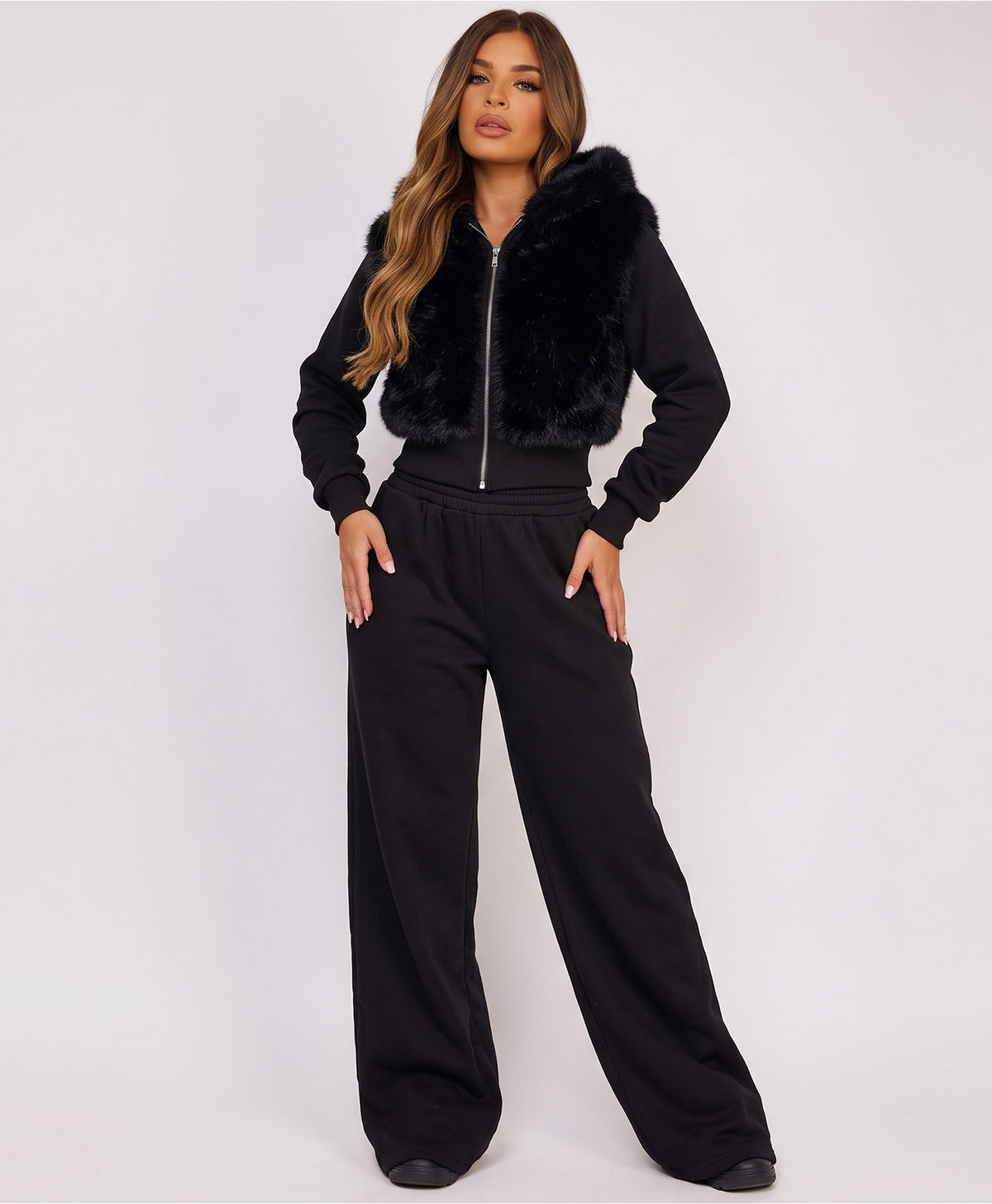 Black Faux Fur Zip-Up Hoodie Wide Leg Jogger Co-Ord