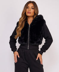 Black Faux Fur Zip-Up Hoodie Wide Leg Jogger Co-Ord