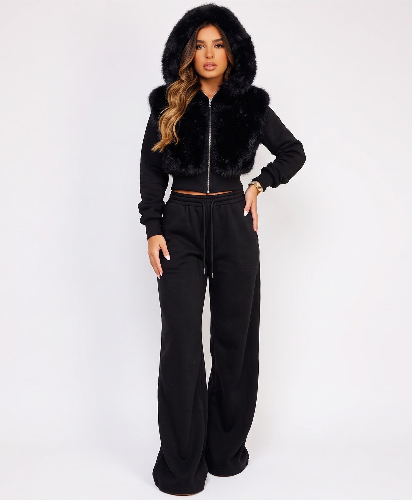 Black Faux Fur Zip-Up Hoodie Wide Leg Jogger Co-Ord