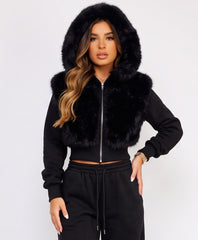 Black Faux Fur Zip-Up Hoodie Wide Leg Jogger Co-Ord