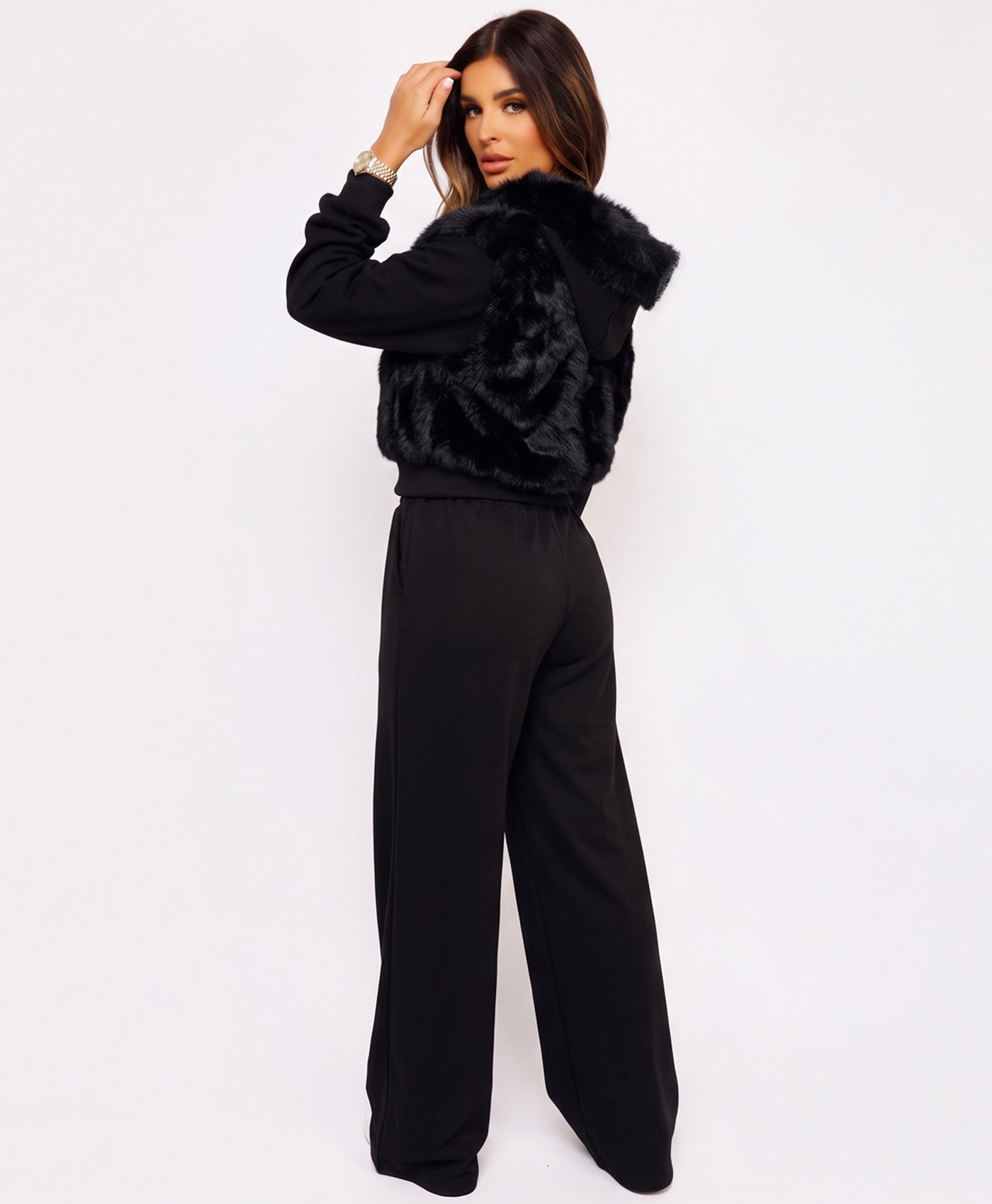 Black Faux Fur Zip-Up Hoodie Wide Leg Jogger Co-Ord