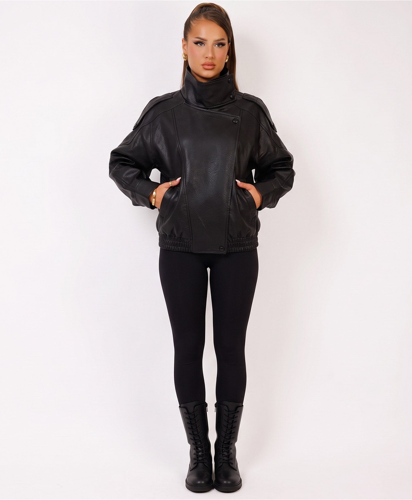 Black Faux Leather Biker Jacket With High Neck Collar
