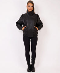 Black Faux Leather Biker Jacket With High Neck Collar