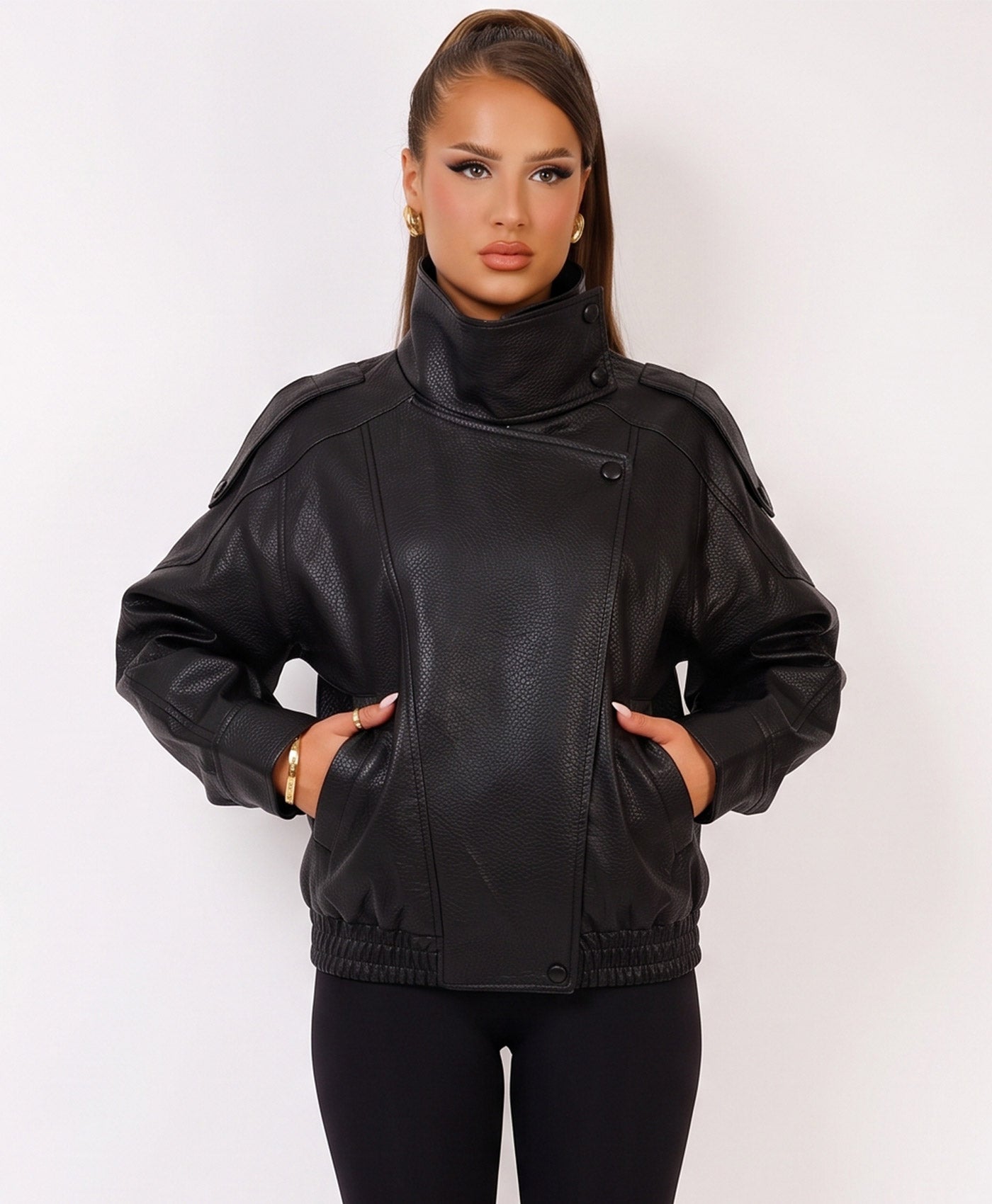Black Faux Leather Biker Jacket With High Neck Collar