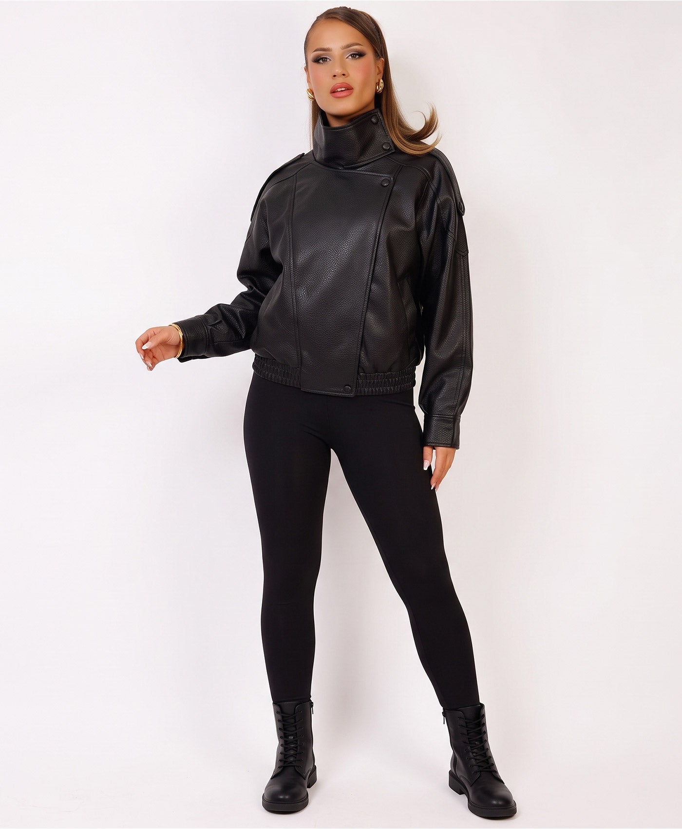 Black Faux Leather Biker Jacket With High Neck Collar