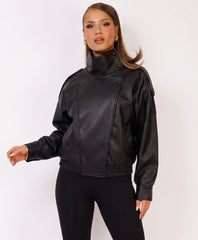 Black Faux Leather Biker Jacket With High Neck Collar