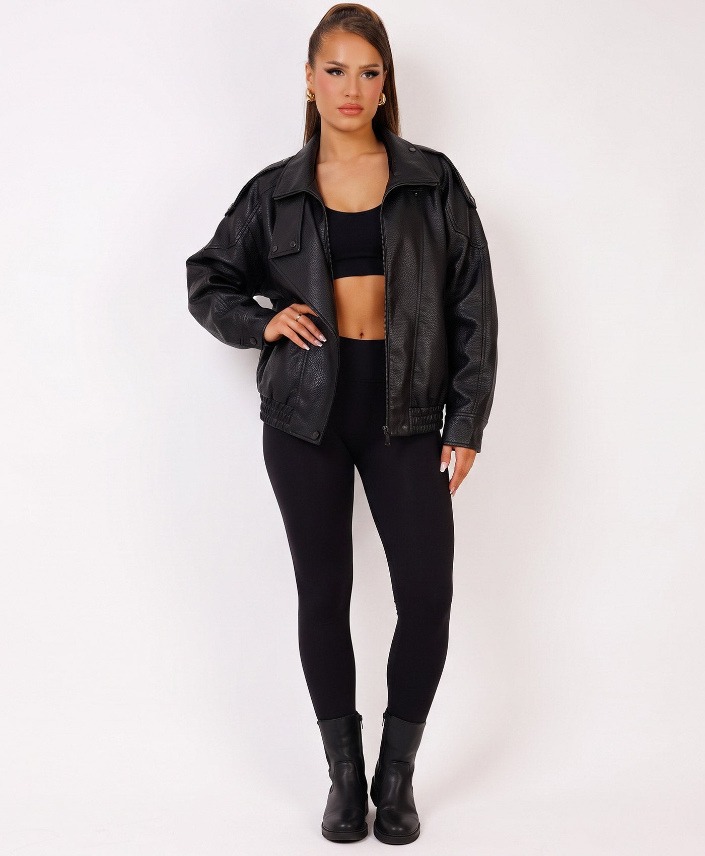 Black Faux Leather Biker Jacket With High Neck Collar