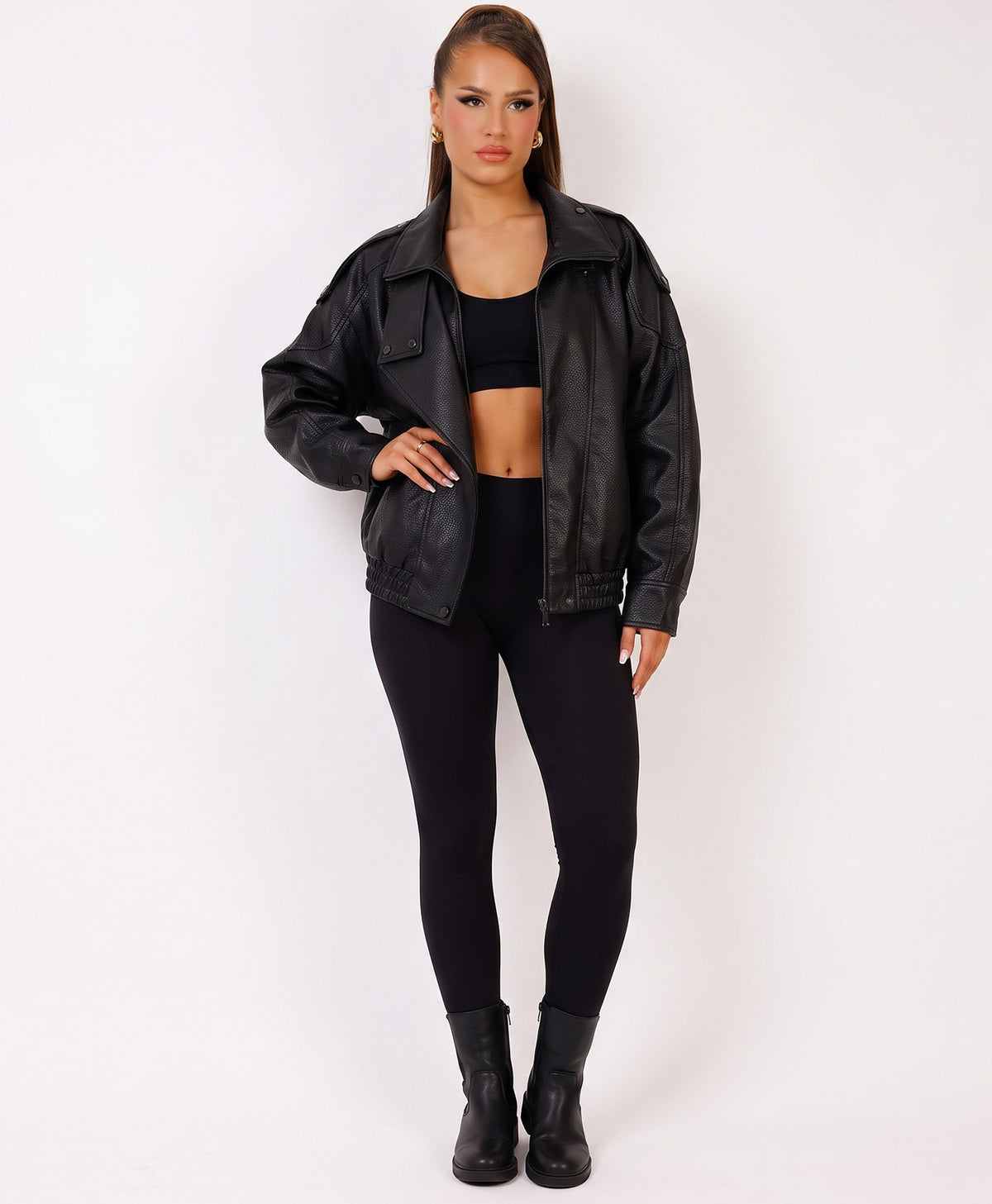 Black Faux Leather Biker Jacket With High Neck Collar