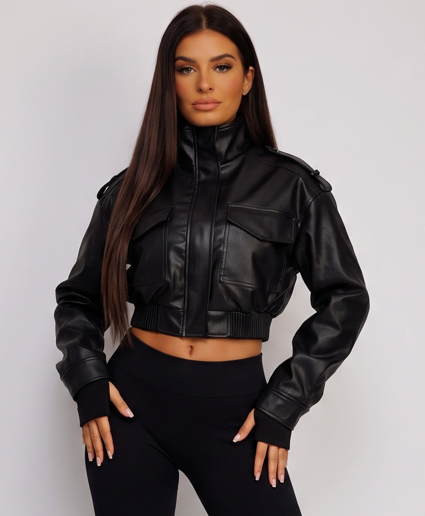 Black Faux Leather Bomber Jacket With Ribbed Hem