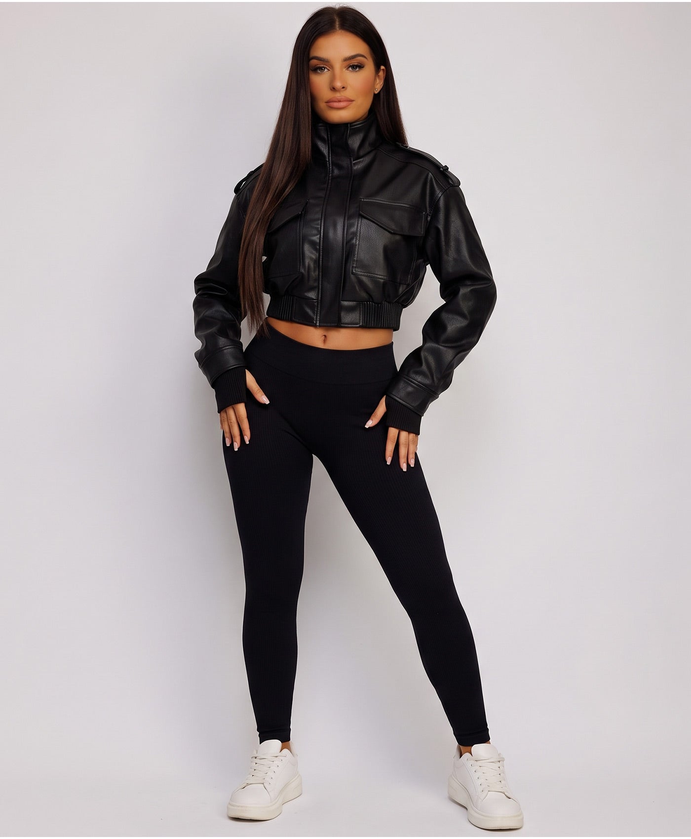 Black Faux Leather Bomber Jacket With Ribbed Hem