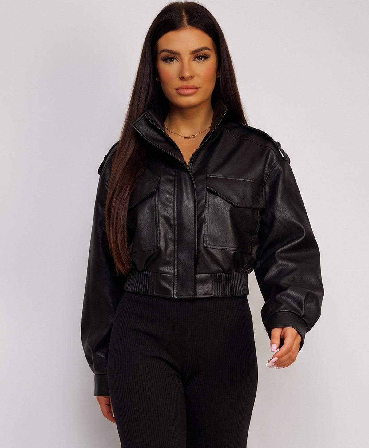 Black Faux Leather Bomber Jacket With Ribbed Hem