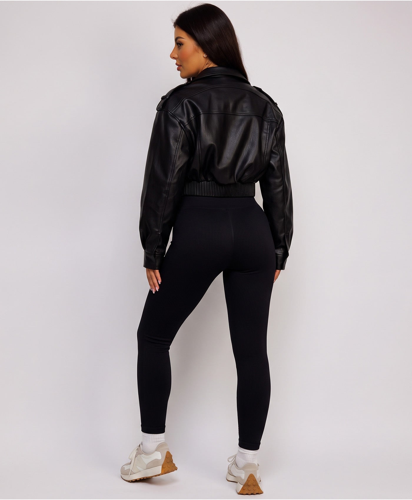 Black Faux Leather Bomber Jacket With Ribbed Hem