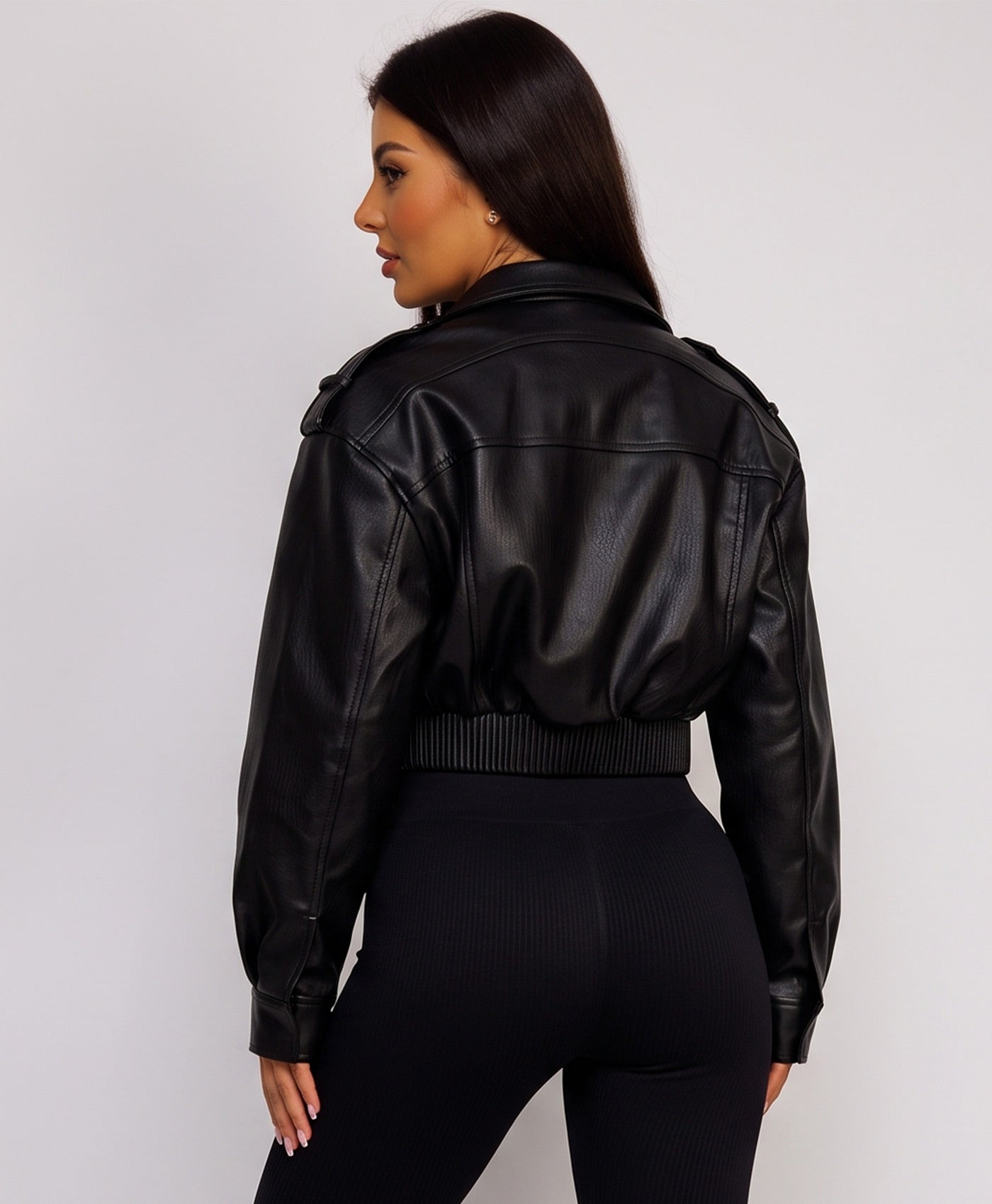Black Faux Leather Bomber Jacket With Ribbed Hem