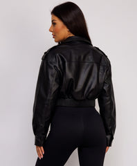 Black Faux Leather Bomber Jacket With Ribbed Hem