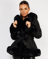 Black Faux Suede Fur Trim Hem Hooded Swing Jacket