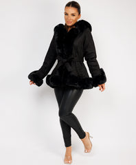 Black Faux Suede Fur Trim Hem Hooded Swing Jacket