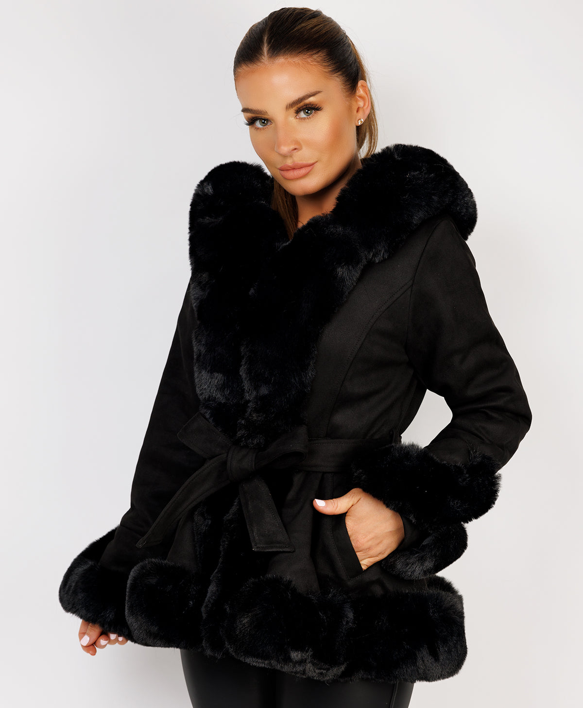 Black Faux Suede Fur Trim Hem Hooded Swing Jacket