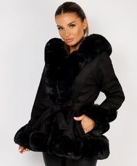 Black Faux Suede Fur Trim Hem Hooded Swing Jacket