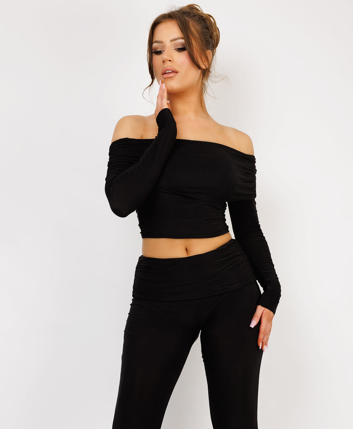 Satin-Puff-Sleeve-Ribbed-Set-Black-4