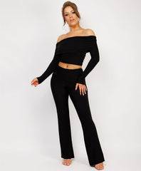 Satin-Puff-Sleeve-Ribbed-Set-Black-2